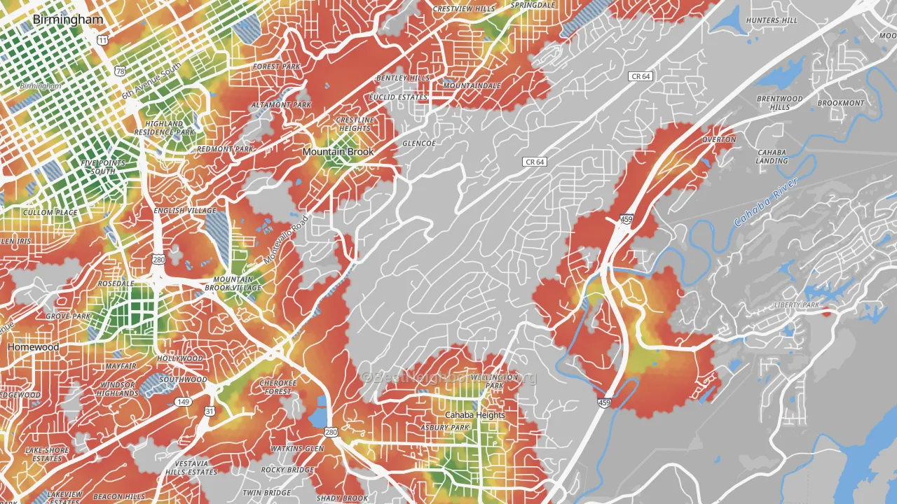 Walk Grade map of 35223, AL, walkable areas in green and car-dependent areas in red