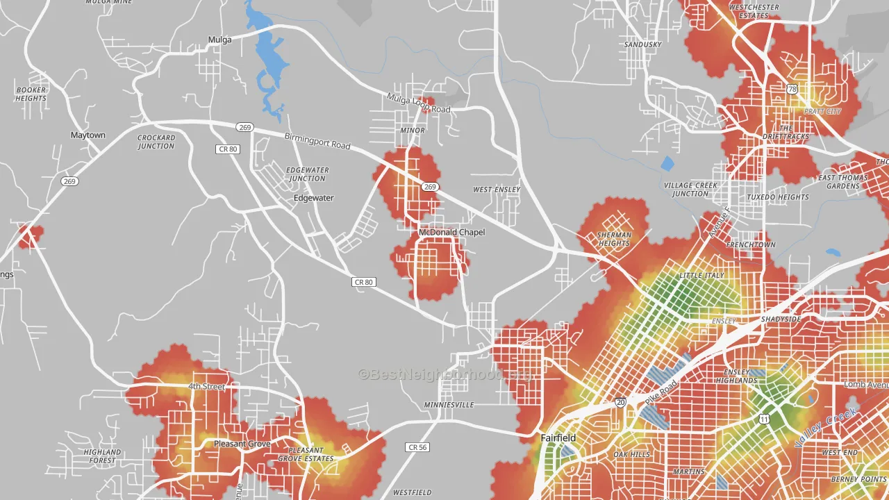 Walk Grade map of 35224, AL, walkable areas in green and car-dependent areas in red