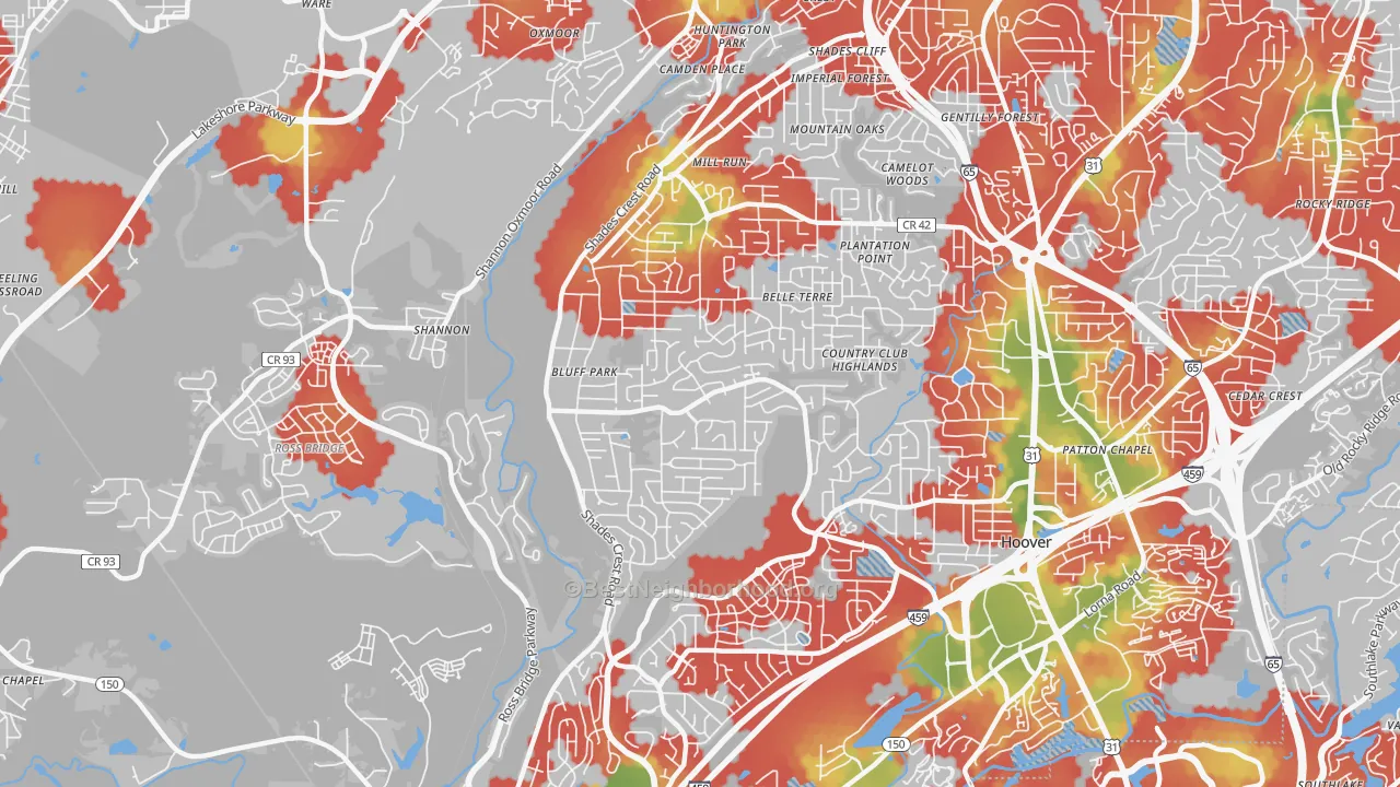 Walk Grade map of 35226, AL, walkable areas in green and car-dependent areas in red