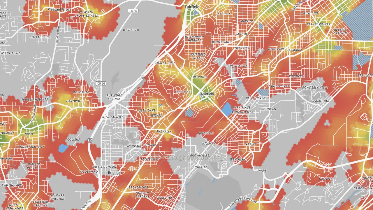 Walk Grade map of 35228, AL, walkable areas in green and car-dependent areas in red