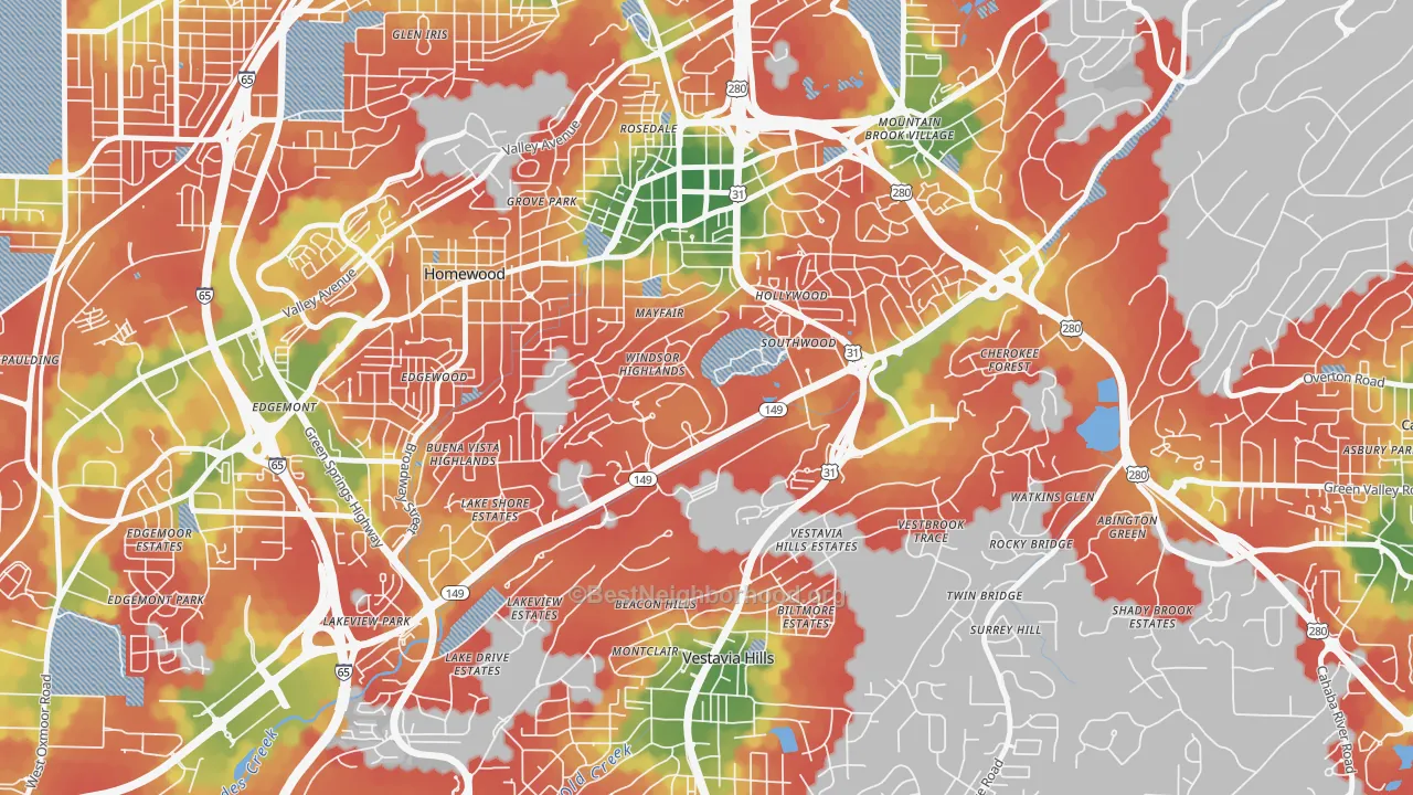 Walk Grade map of 35229, AL, walkable areas in green and car-dependent areas in red