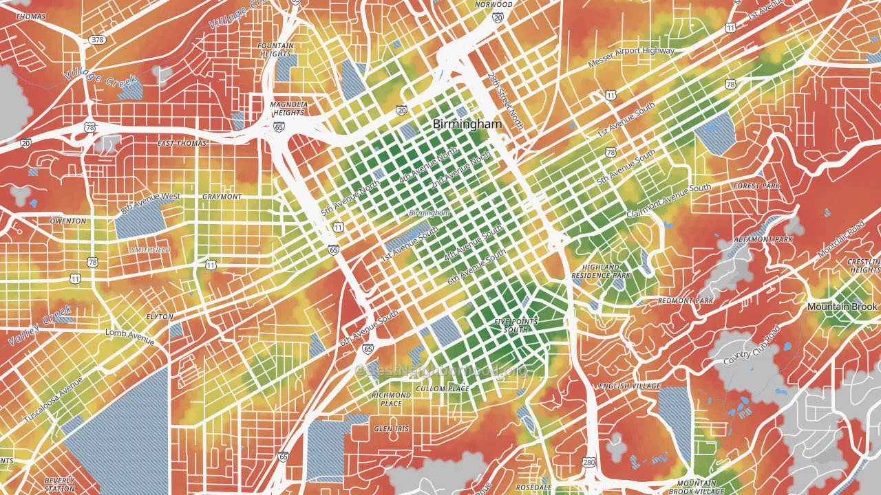 Walk Grade map of 35233, AL, walkable areas in green and car-dependent areas in red