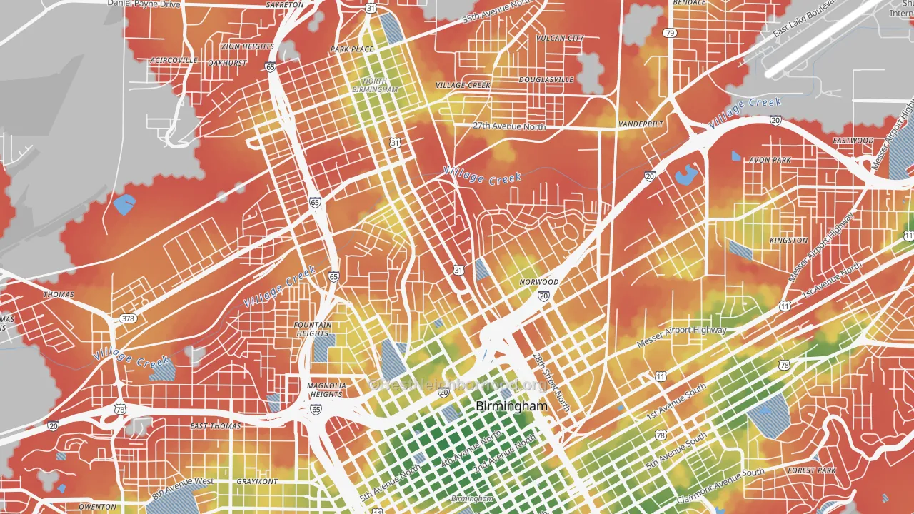 Walk Grade map of 35234, AL, walkable areas in green and car-dependent areas in red