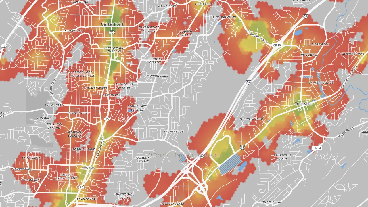 Walk Grade map of 35235, AL, walkable areas in green and car-dependent areas in red