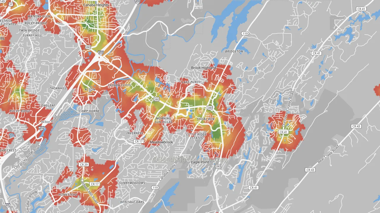 Walk Grade map of 35242, AL, walkable areas in green and car-dependent areas in red