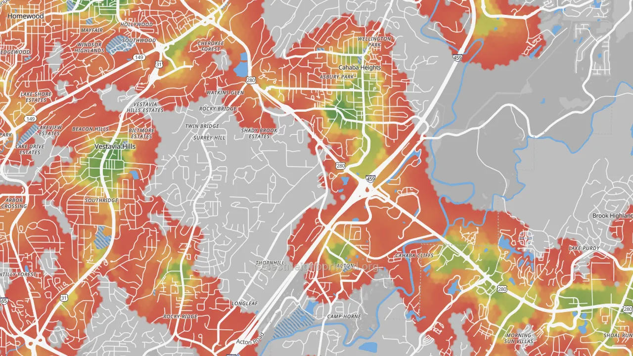 Walk Grade map of 35243, AL, walkable areas in green and car-dependent areas in red