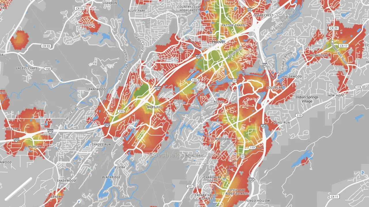 Walk Grade map of 35244, AL, walkable areas in green and car-dependent areas in red