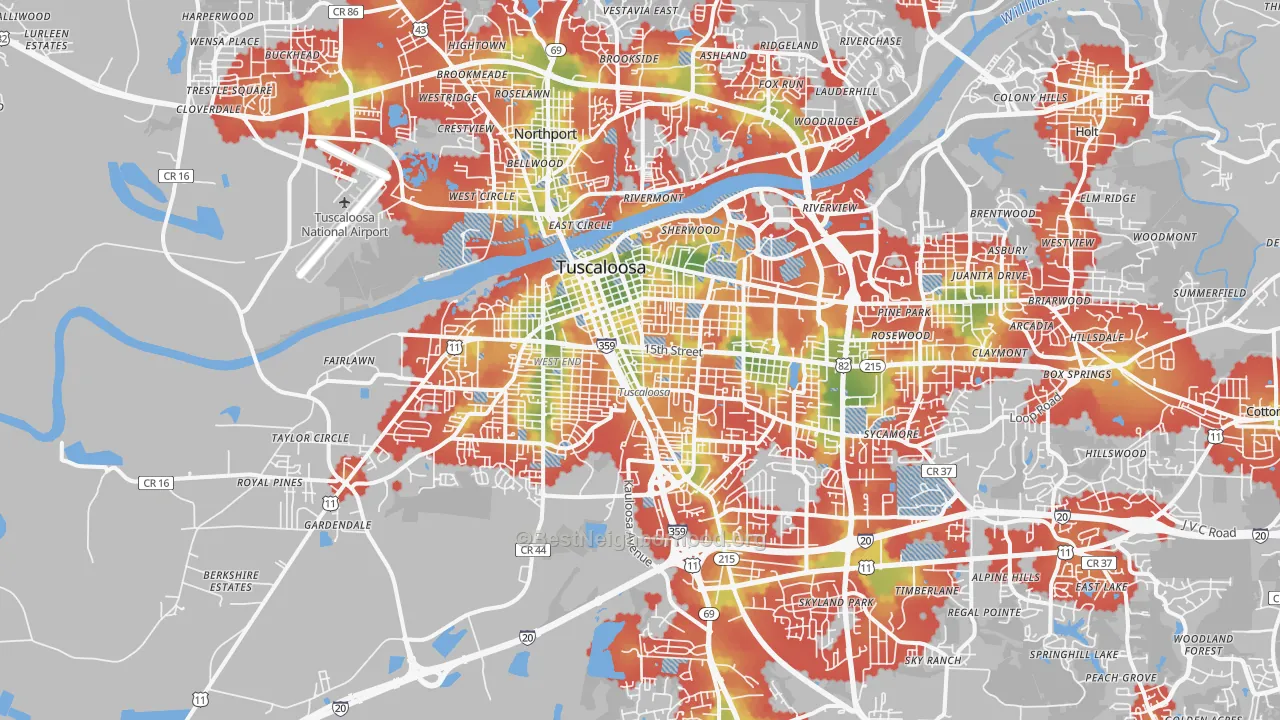 Walk Grade map of 35401, AL, walkable areas in green and car-dependent areas in red