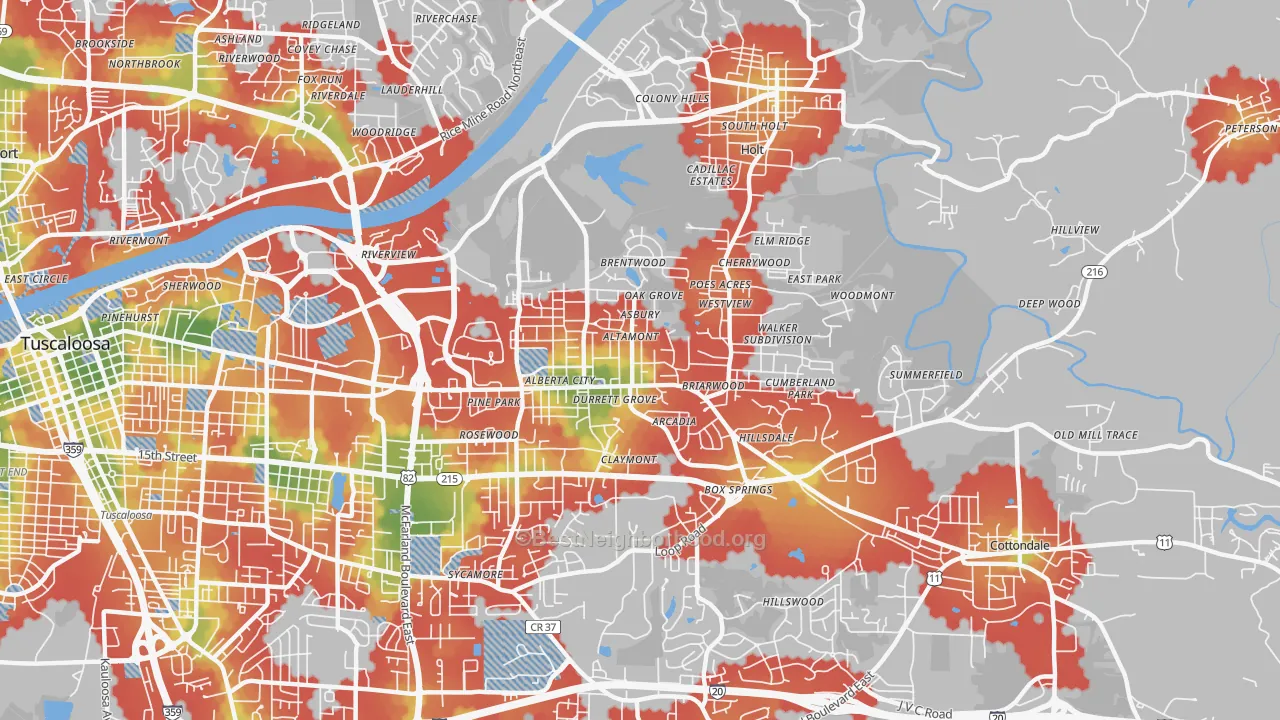 Walk Grade map of 35404, AL, walkable areas in green and car-dependent areas in red