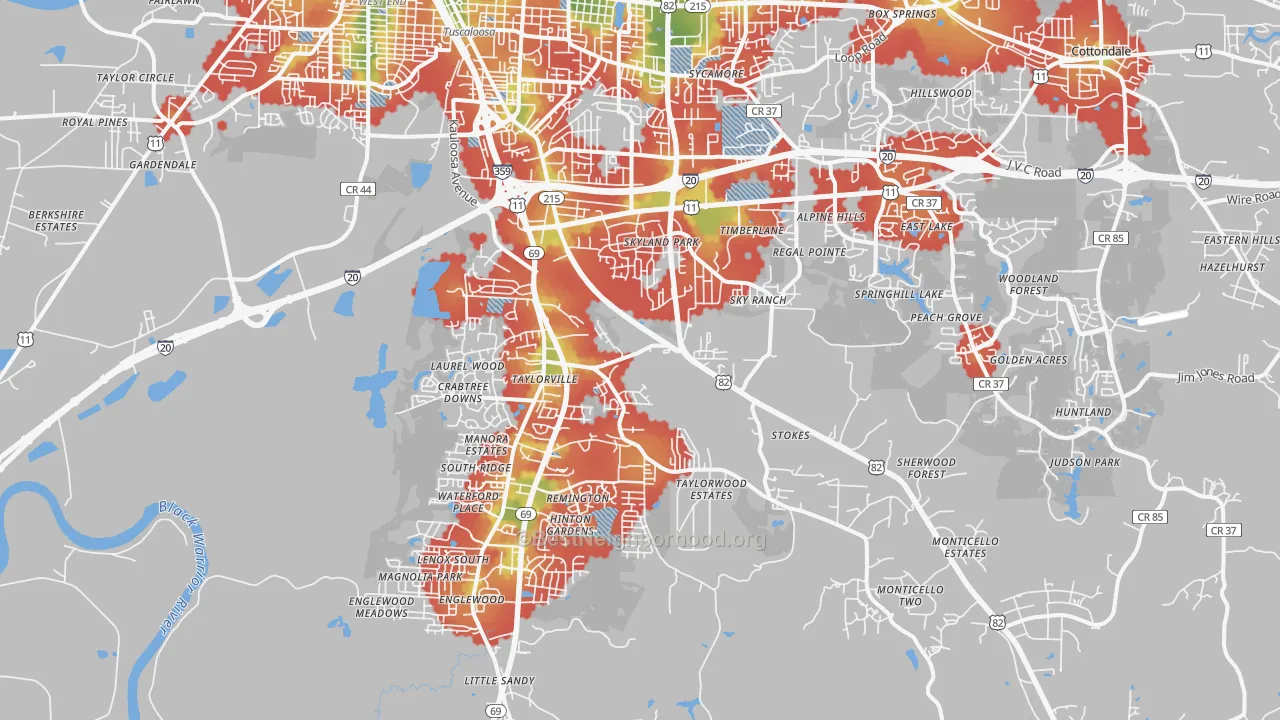 Walk Grade map of 35405, AL, walkable areas in green and car-dependent areas in red