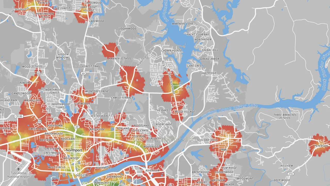 Walk Grade map of 35406, AL, walkable areas in green and car-dependent areas in red