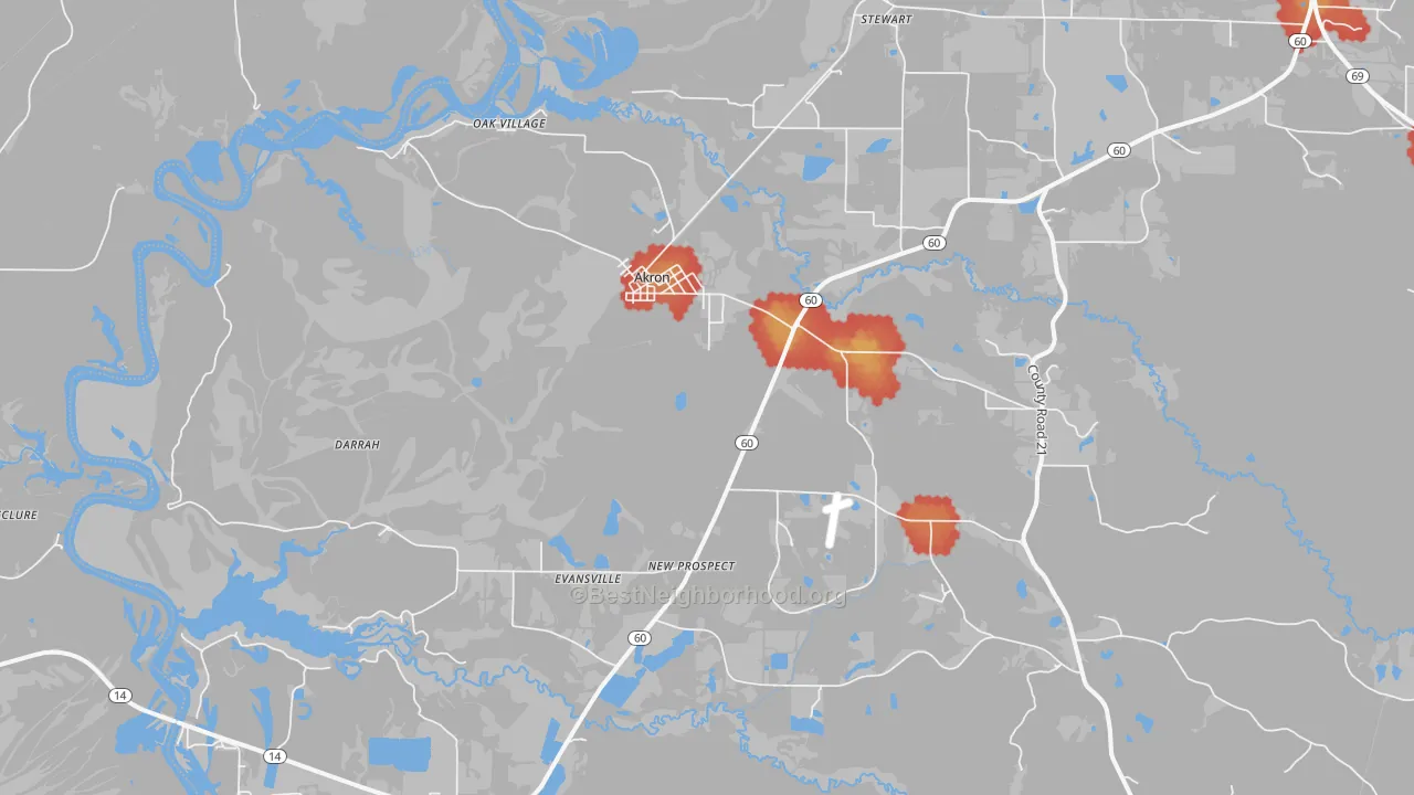 Walk Grade map of 35441, AL, walkable areas in green and car-dependent areas in red