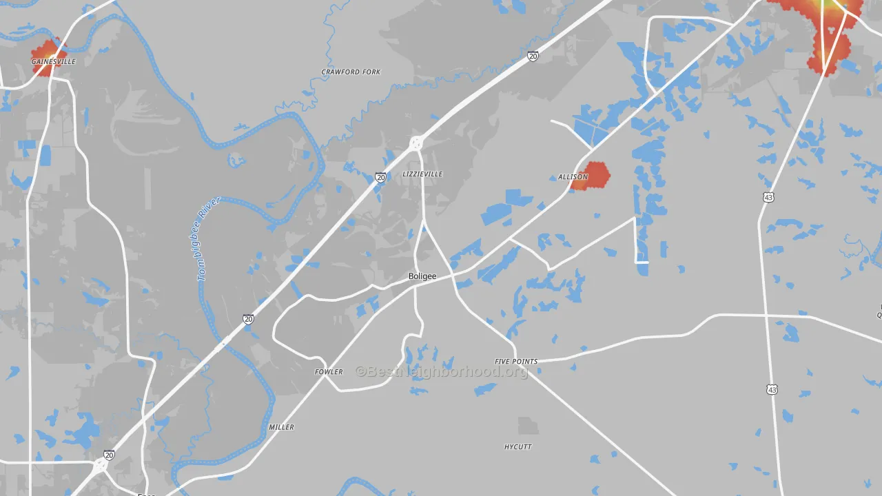 Walk Grade map of 35443, AL, walkable areas in green and car-dependent areas in red