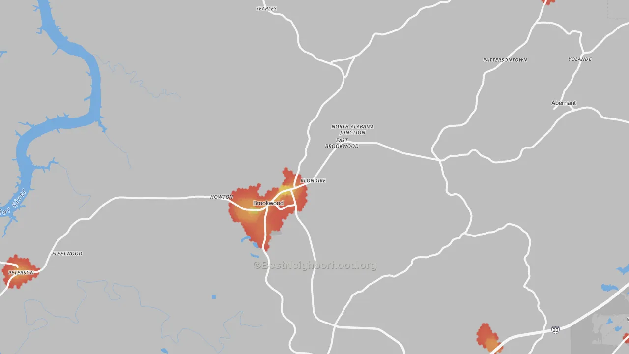 Walk Grade map of 35444, AL, walkable areas in green and car-dependent areas in red