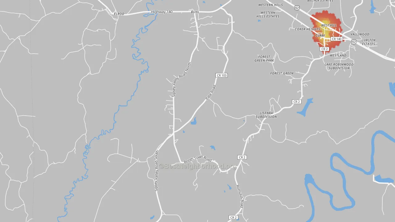 Walk Grade map of 35446, AL, walkable areas in green and car-dependent areas in red