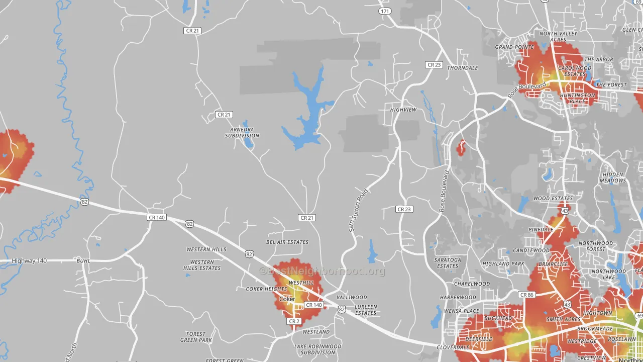 Walk Grade map of 35452, AL, walkable areas in green and car-dependent areas in red