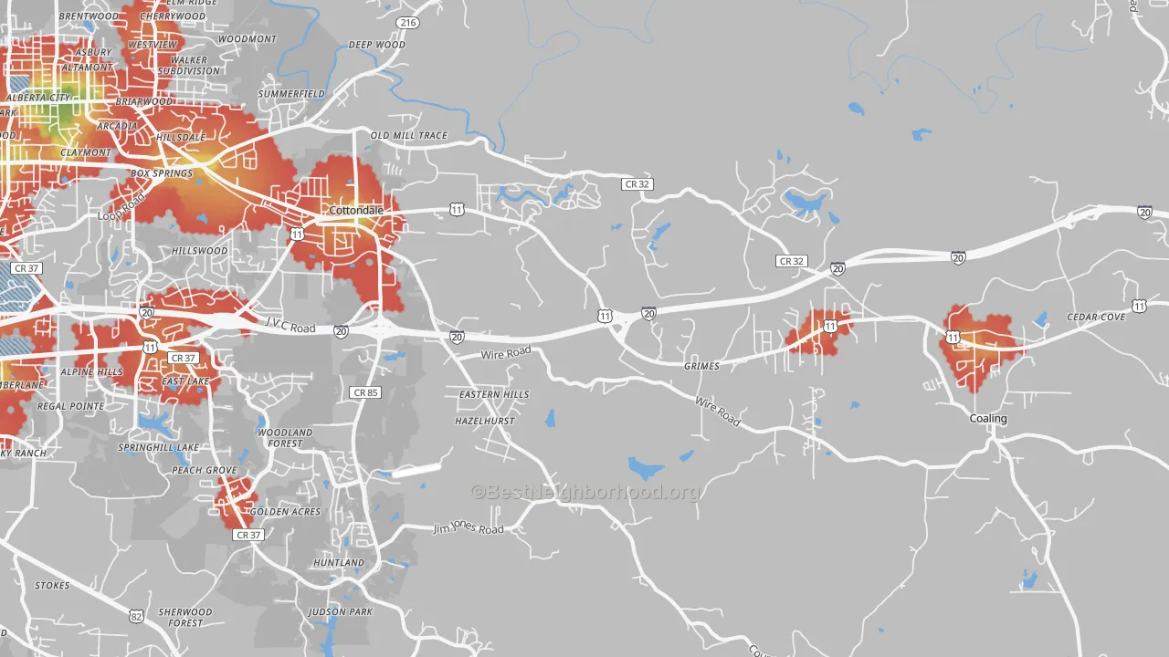 Walk Grade map of 35453, AL, walkable areas in green and car-dependent areas in red