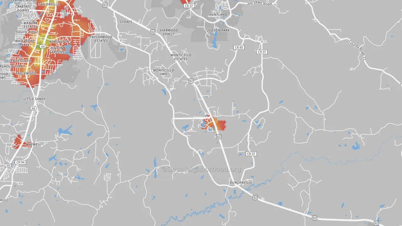 Walk Grade map of 35456, AL, walkable areas in green and car-dependent areas in red