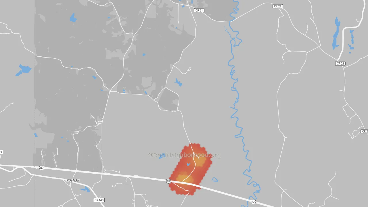 Walk Grade map of 35457, AL, walkable areas in green and car-dependent areas in red