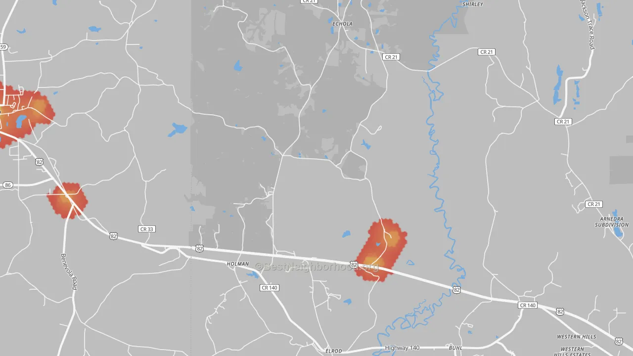 Walk Grade map of 35458, AL, walkable areas in green and car-dependent areas in red
