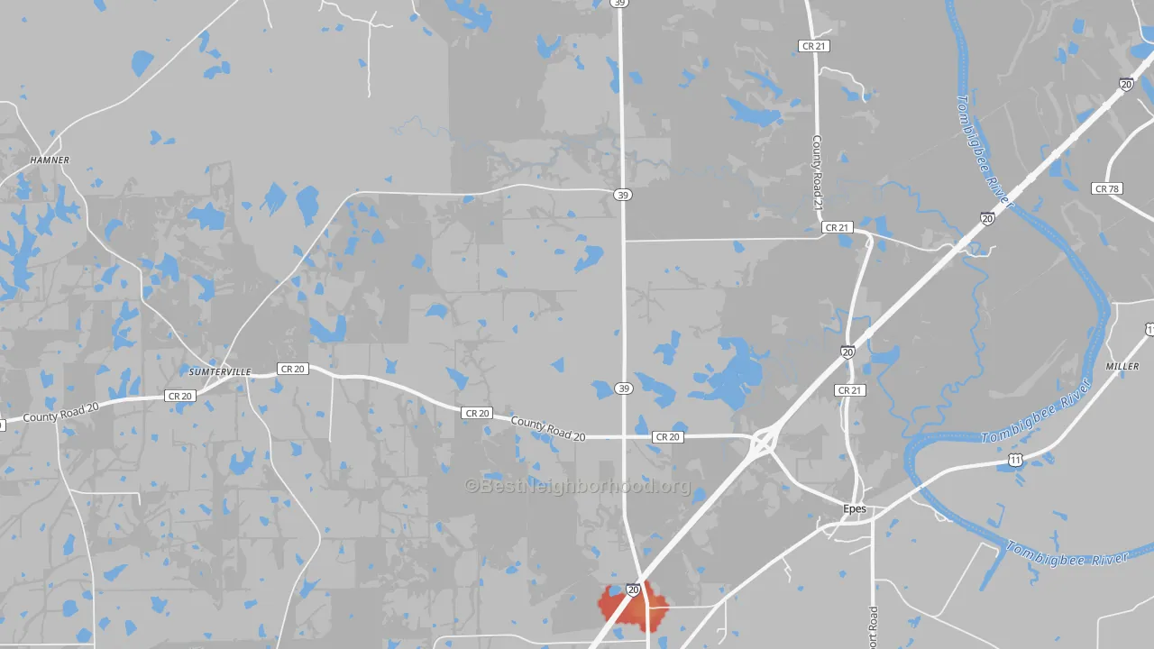 Walk Grade map of 35460, AL, walkable areas in green and car-dependent areas in red