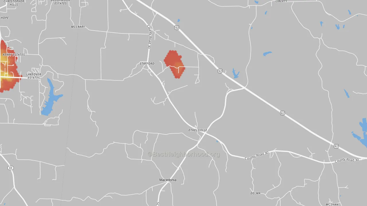 Walk Grade map of 35461, AL, walkable areas in green and car-dependent areas in red