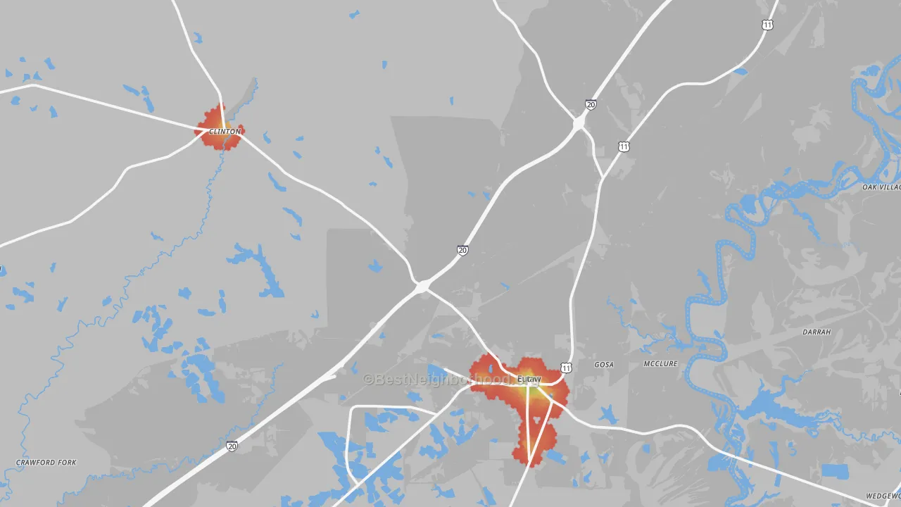 Walk Grade map of 35462, AL, walkable areas in green and car-dependent areas in red