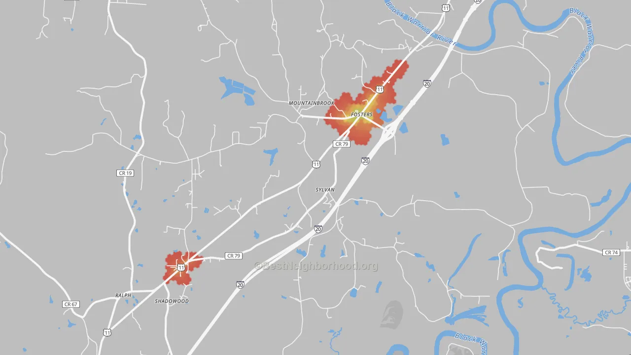 Walk Grade map of 35463, AL, walkable areas in green and car-dependent areas in red