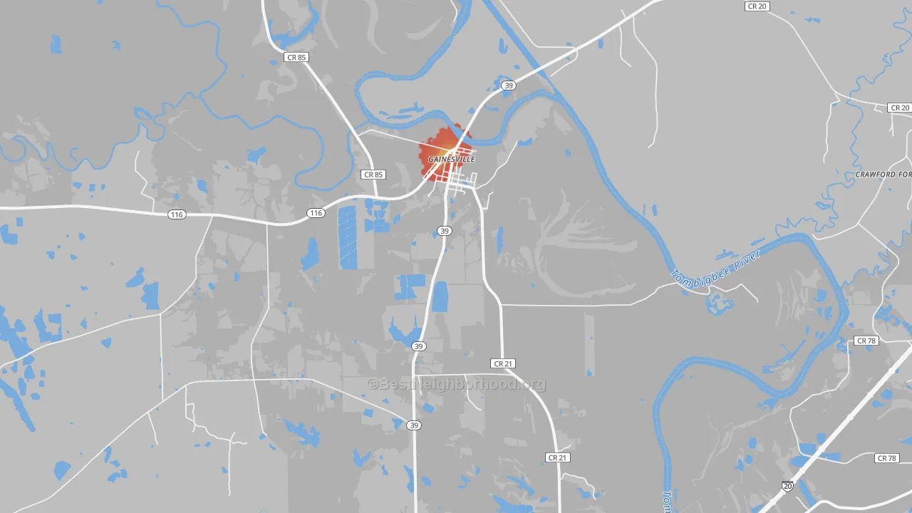 Walk Grade map of 35464, AL, walkable areas in green and car-dependent areas in red