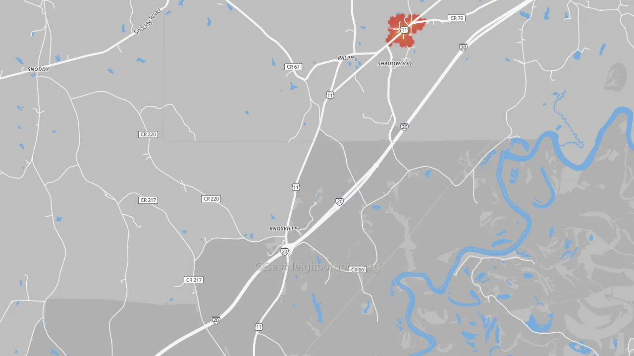 Walk Grade map of 35469, AL, walkable areas in green and car-dependent areas in red