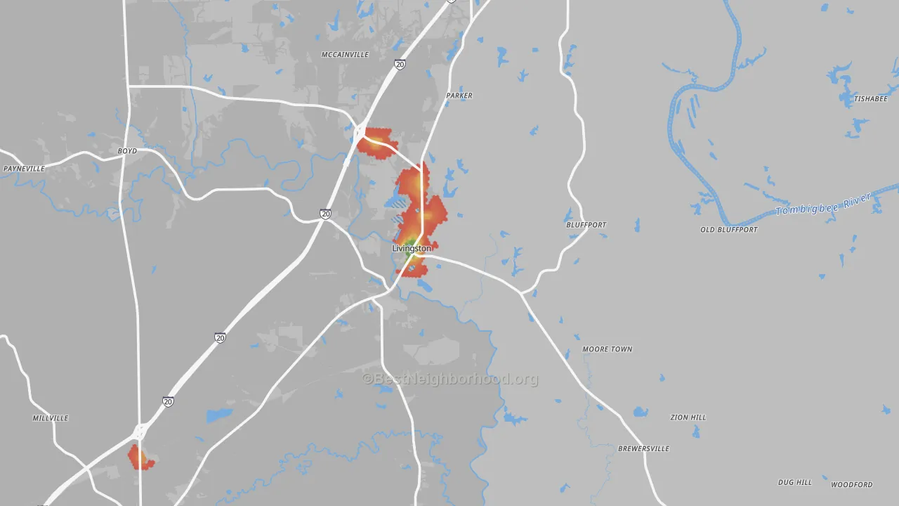 Walk Grade map of 35470, AL, walkable areas in green and car-dependent areas in red