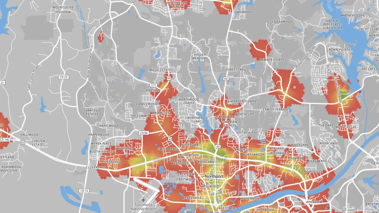 Walk Grade map of 35473, AL, walkable areas in green and car-dependent areas in red