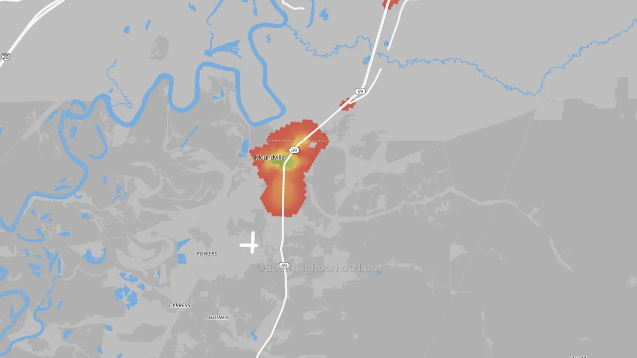 Walk Grade map of 35474, AL, walkable areas in green and car-dependent areas in red