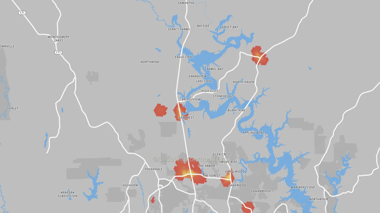 Walk Grade map of 35475, AL, walkable areas in green and car-dependent areas in red