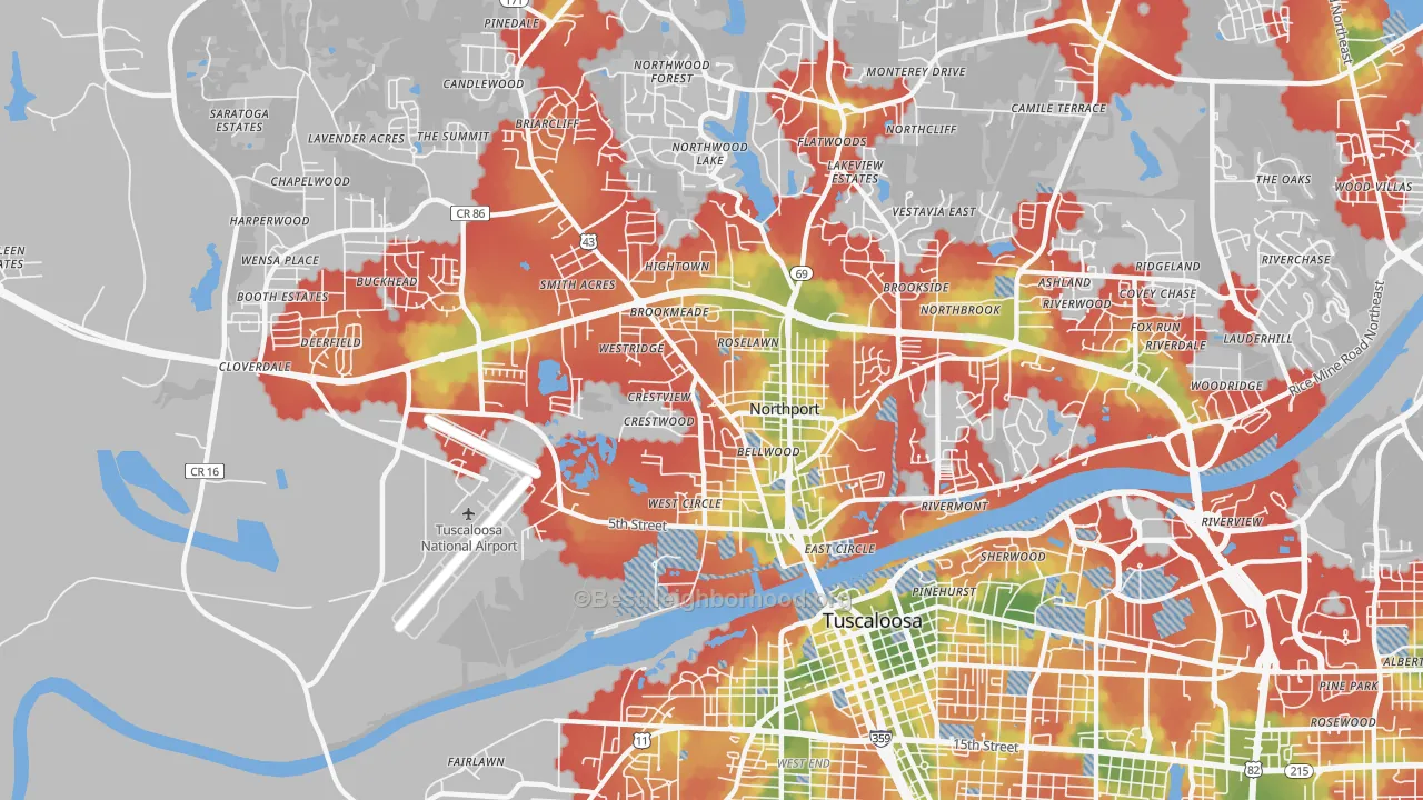 Walk Grade map of 35476, AL, walkable areas in green and car-dependent areas in red