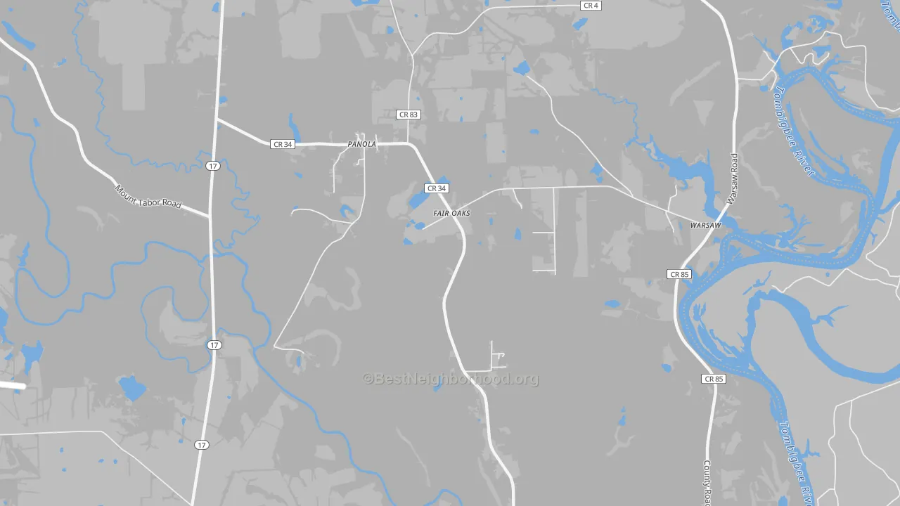 Walk Grade map of 35477, AL, walkable areas in green and car-dependent areas in red