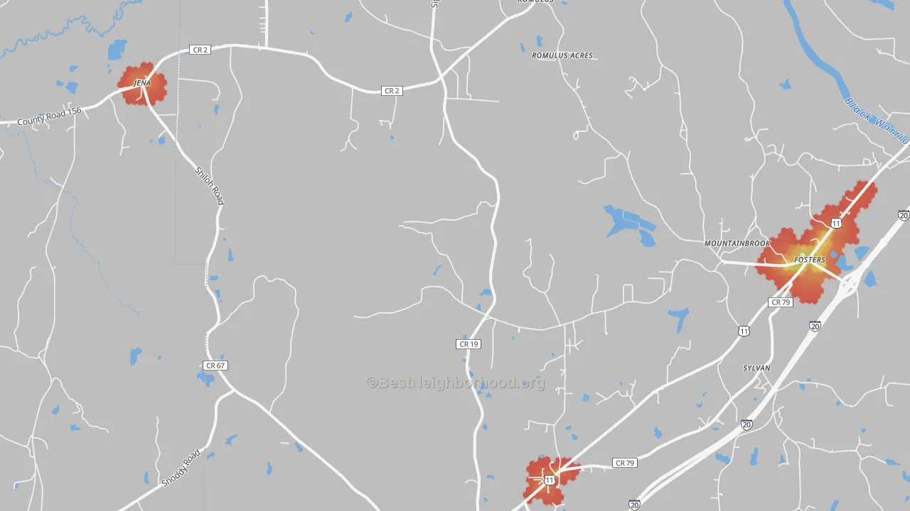 Walk Grade map of 35480, AL, walkable areas in green and car-dependent areas in red