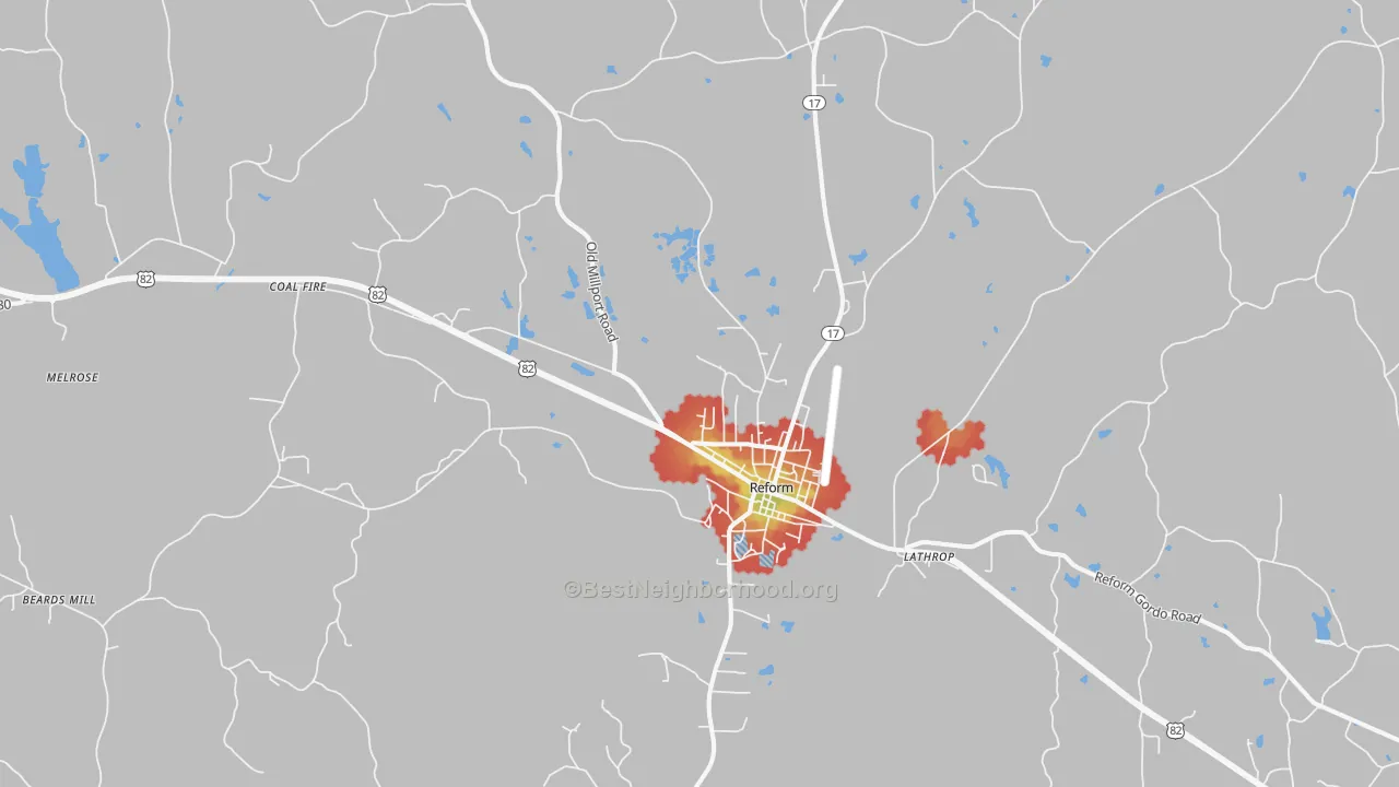 Walk Grade map of 35481, AL, walkable areas in green and car-dependent areas in red