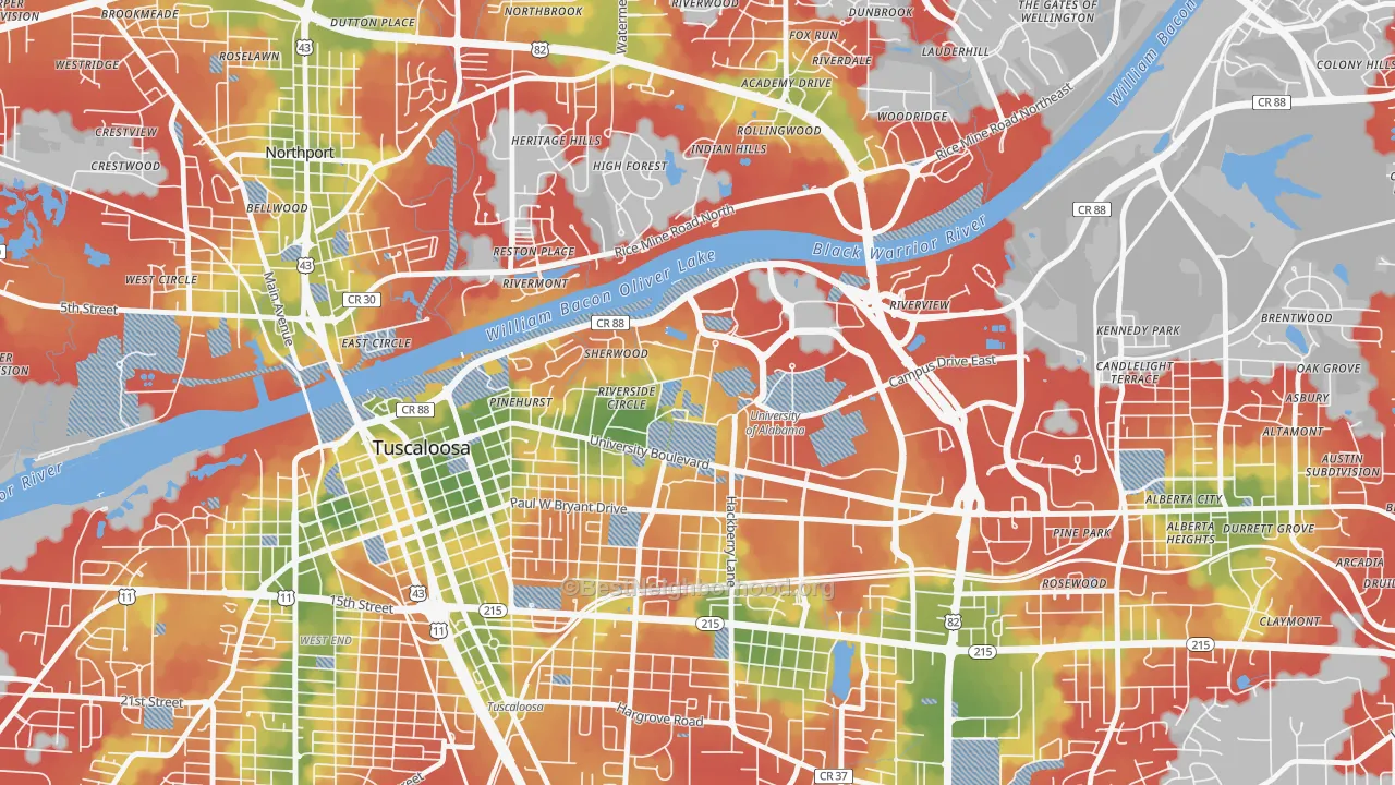 Walk Grade map of 35487, AL, walkable areas in green and car-dependent areas in red