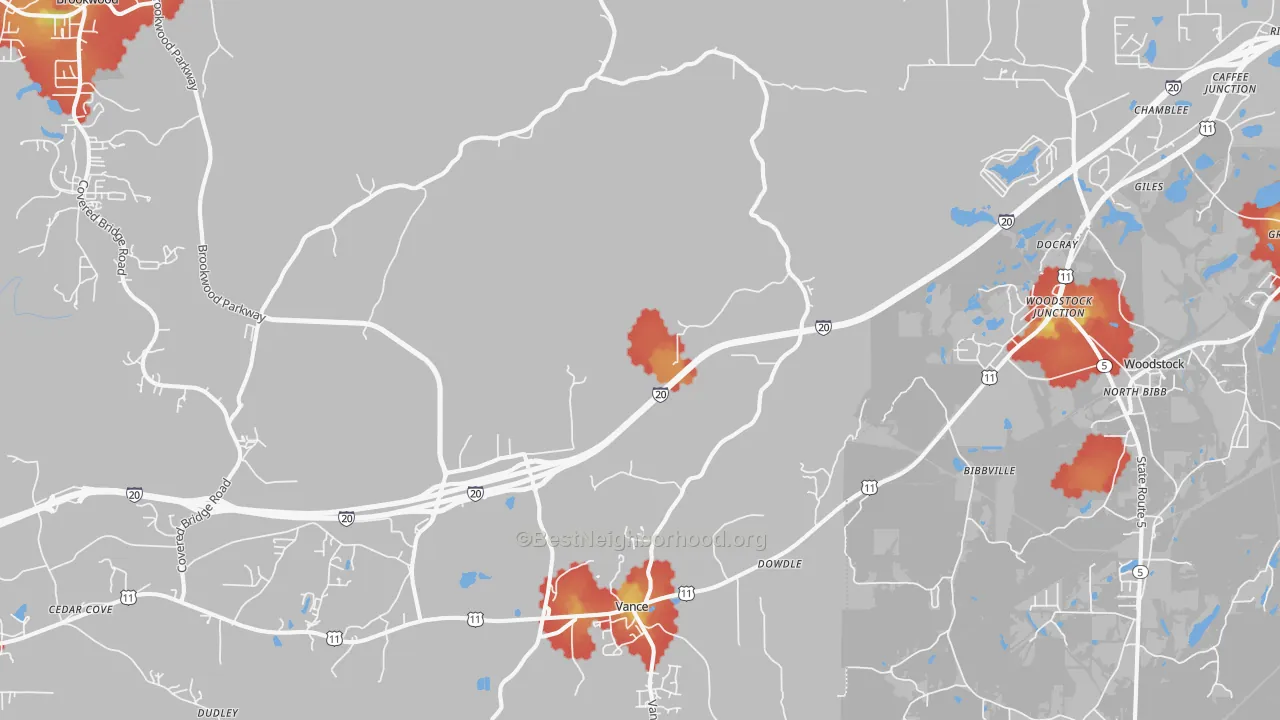 Walk Grade map of 35490, AL, walkable areas in green and car-dependent areas in red