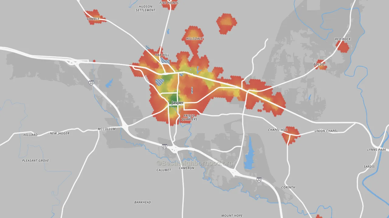 Walk Grade map of 35501, AL, walkable areas in green and car-dependent areas in red