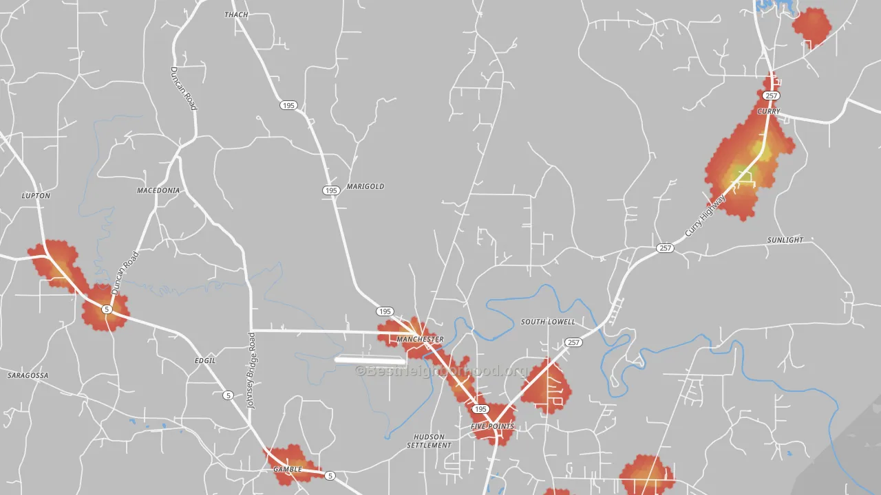 Walk Grade map of 35503, AL, walkable areas in green and car-dependent areas in red