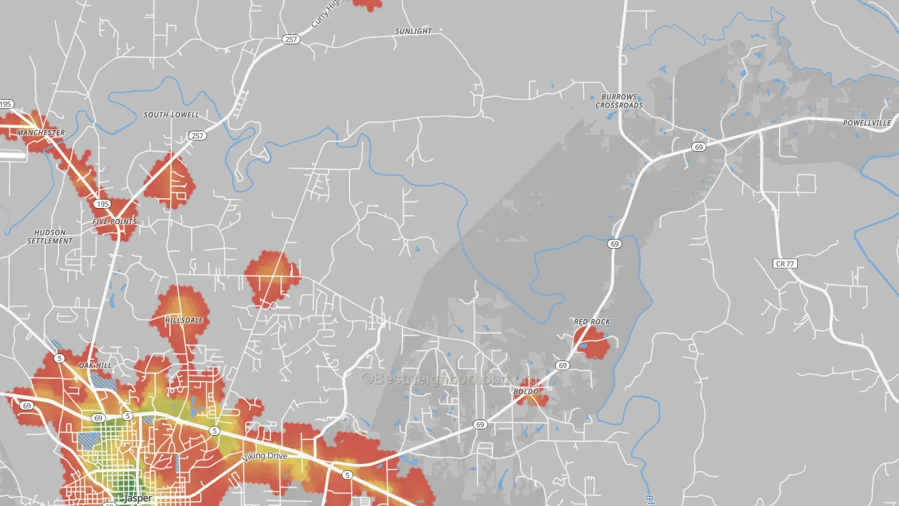 Walk Grade map of 35504, AL, walkable areas in green and car-dependent areas in red