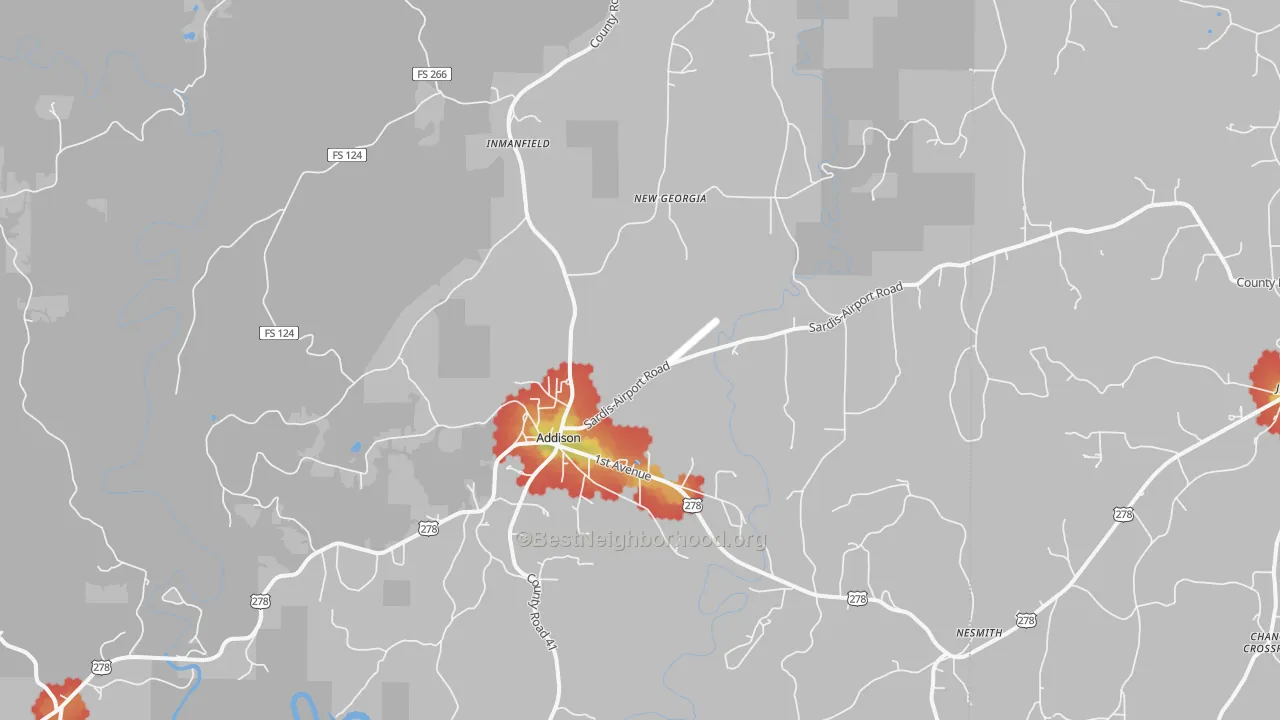 Walk Grade map of 35540, AL, walkable areas in green and car-dependent areas in red
