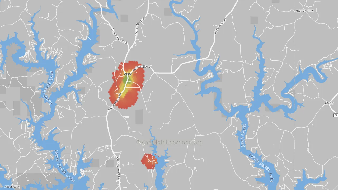 Walk Grade map of 35541, AL, walkable areas in green and car-dependent areas in red