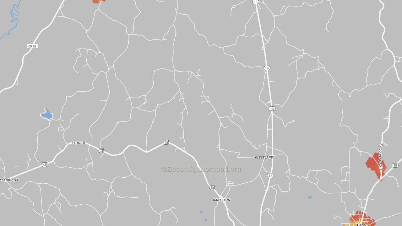 Walk Grade map of 35542, AL, walkable areas in green and car-dependent areas in red