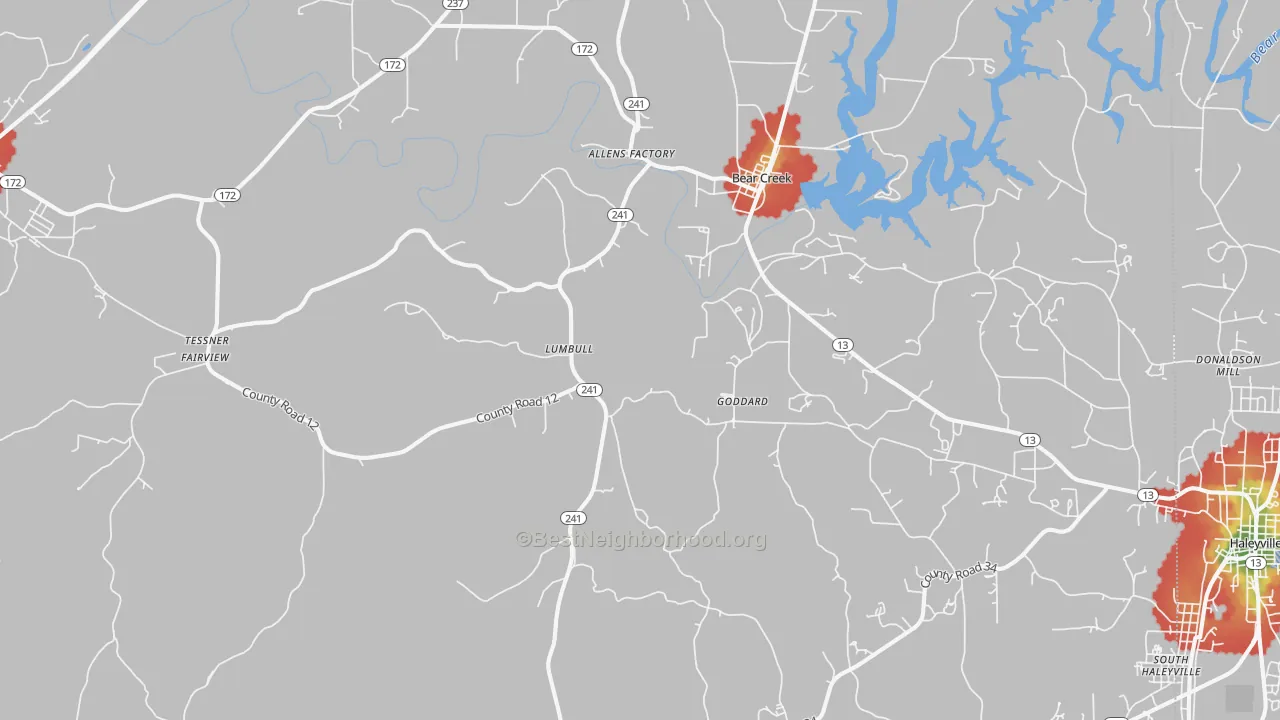 Walk Grade map of 35543, AL, walkable areas in green and car-dependent areas in red