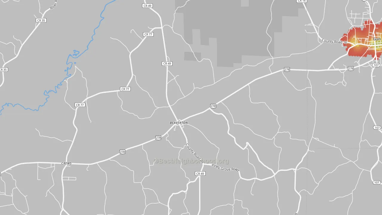 Walk Grade map of 35544, AL, walkable areas in green and car-dependent areas in red