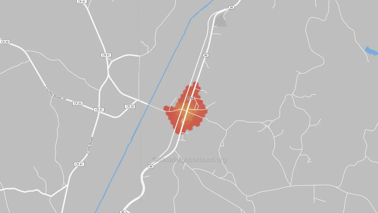 Walk Grade map of 35545, AL, walkable areas in green and car-dependent areas in red