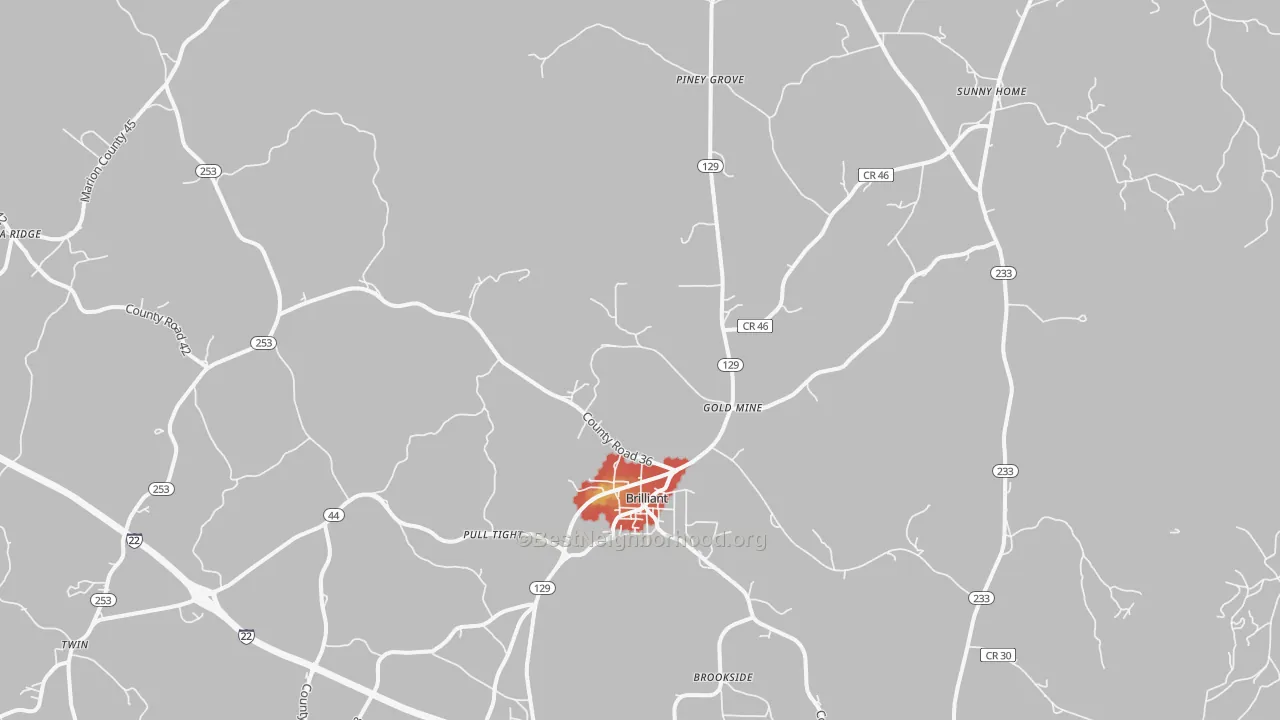Walk Grade map of 35548, AL, walkable areas in green and car-dependent areas in red